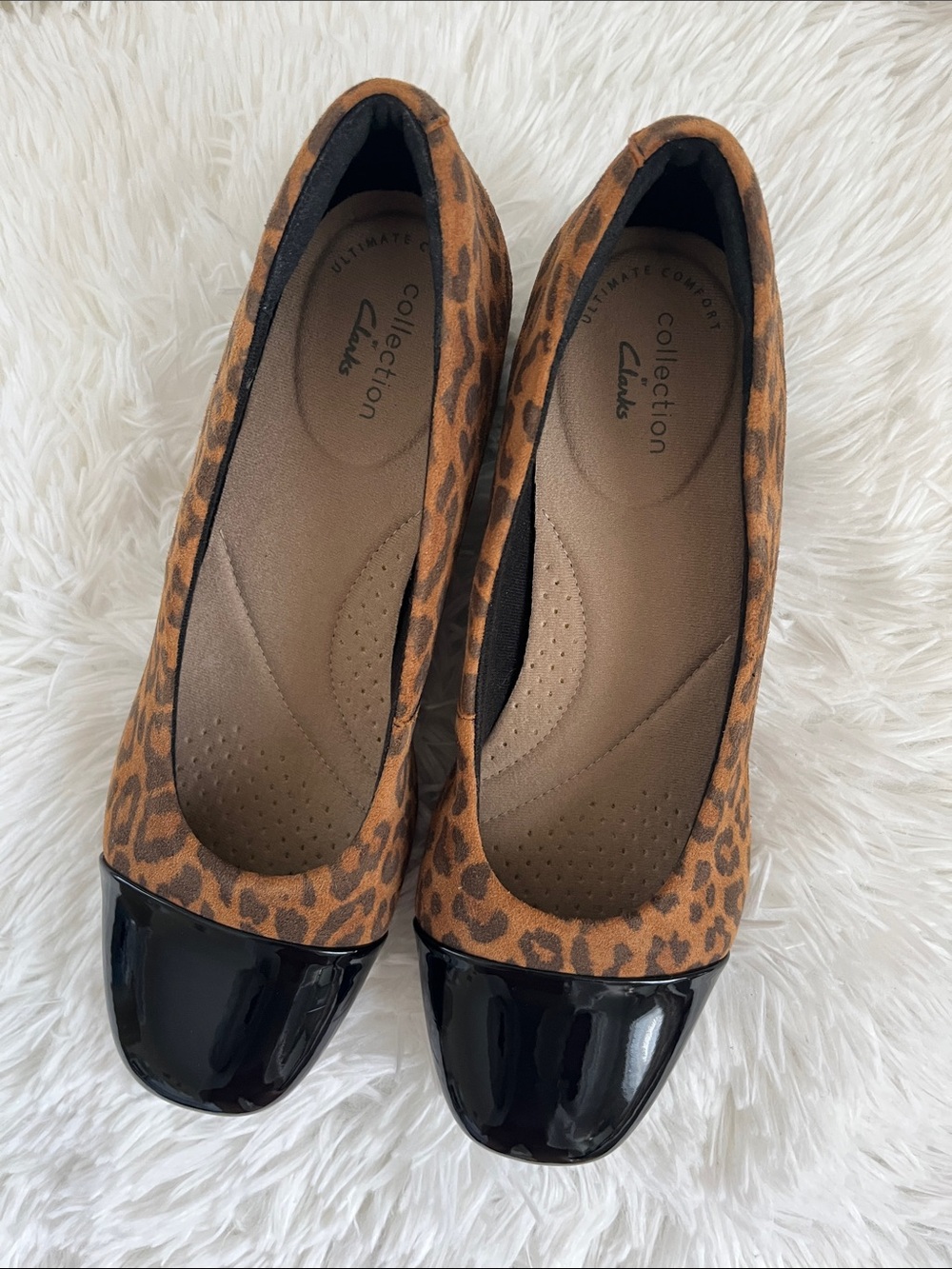 Clarks Leopard Print Ballet Flats with Black Patent Cap Toe